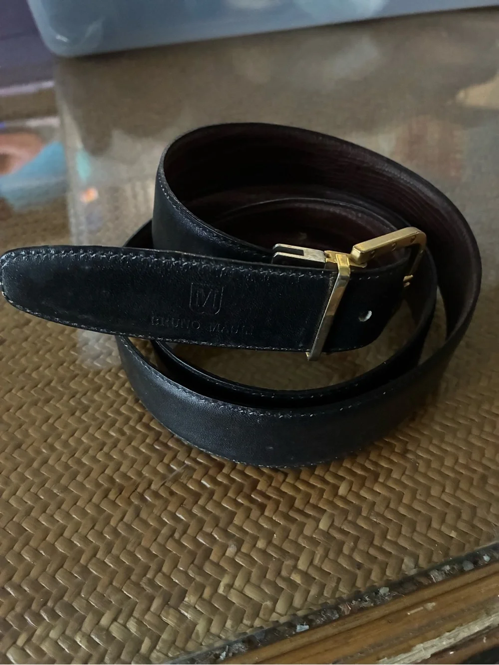 Bruno Magali brown/ black snakeskin leather reversible belt. Brass buckle. L40”